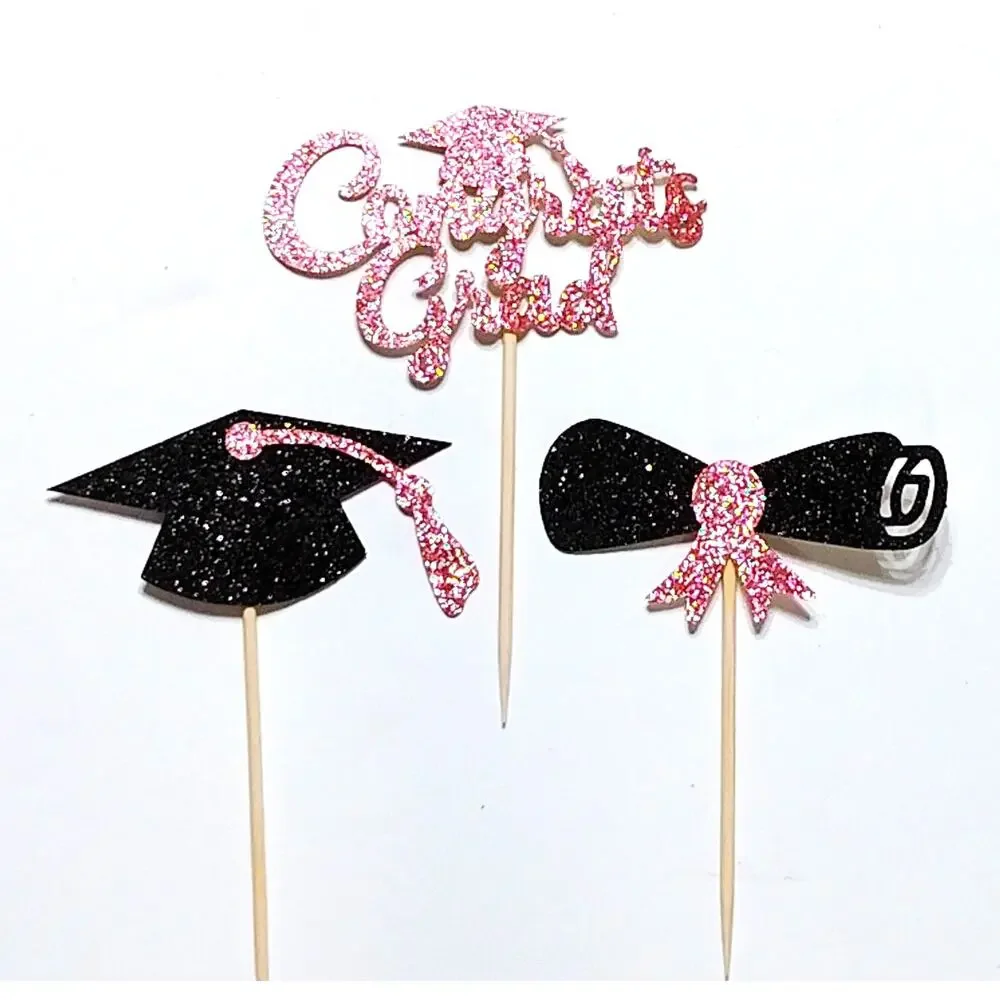 Graduation Cupcake Toppers Set of 36 Congrats Grad Glitter Black & Pink Party